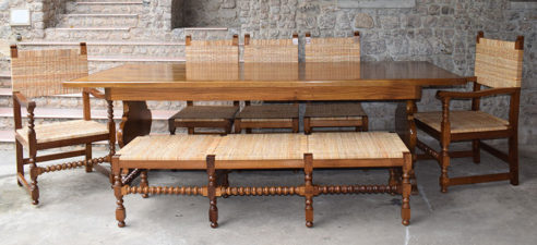 Eight Seater Trestle Table with armchairs, side chairs and bench